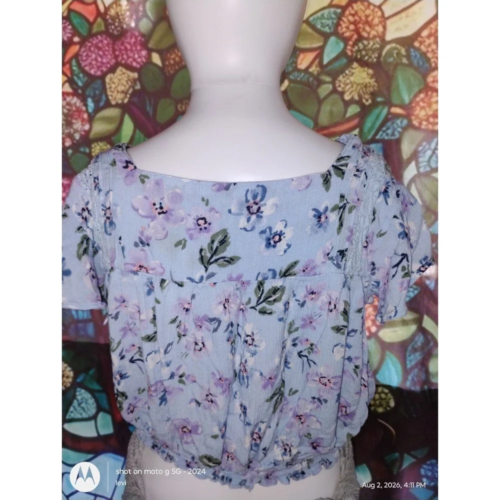 Justice Girls Blue Floral Crop Top Square Neck Lace Trim Size 14/16 NWOT